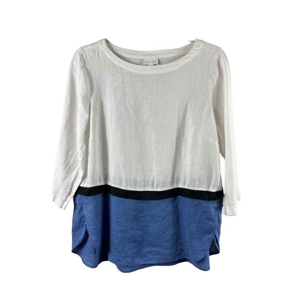 J. Jill Love Linen Color Block 3/4 Sleeves Tunic Top Small White Blue Coastal